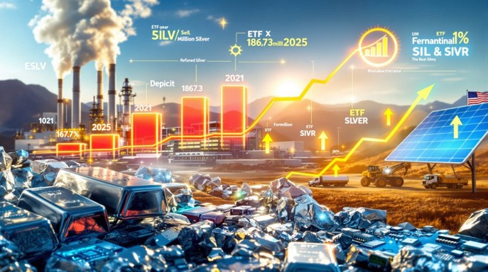 Industrial smokestacks and a junkyard of metal with solar panels; glowing charts and arrows illustrate energy market trends and transition.